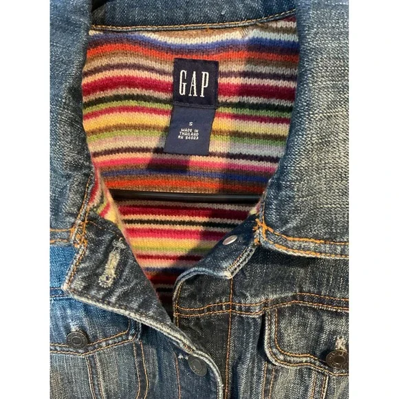 GAP Denim Jacket Womens Small Blue Jean Coat Colorful Striped Lined Button Small - Picture 3 of 9